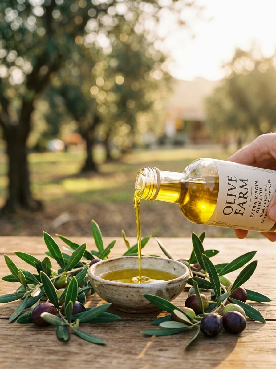 Golden extra virgin olive oil being poured from a bottle, with olive branches and fresh olives